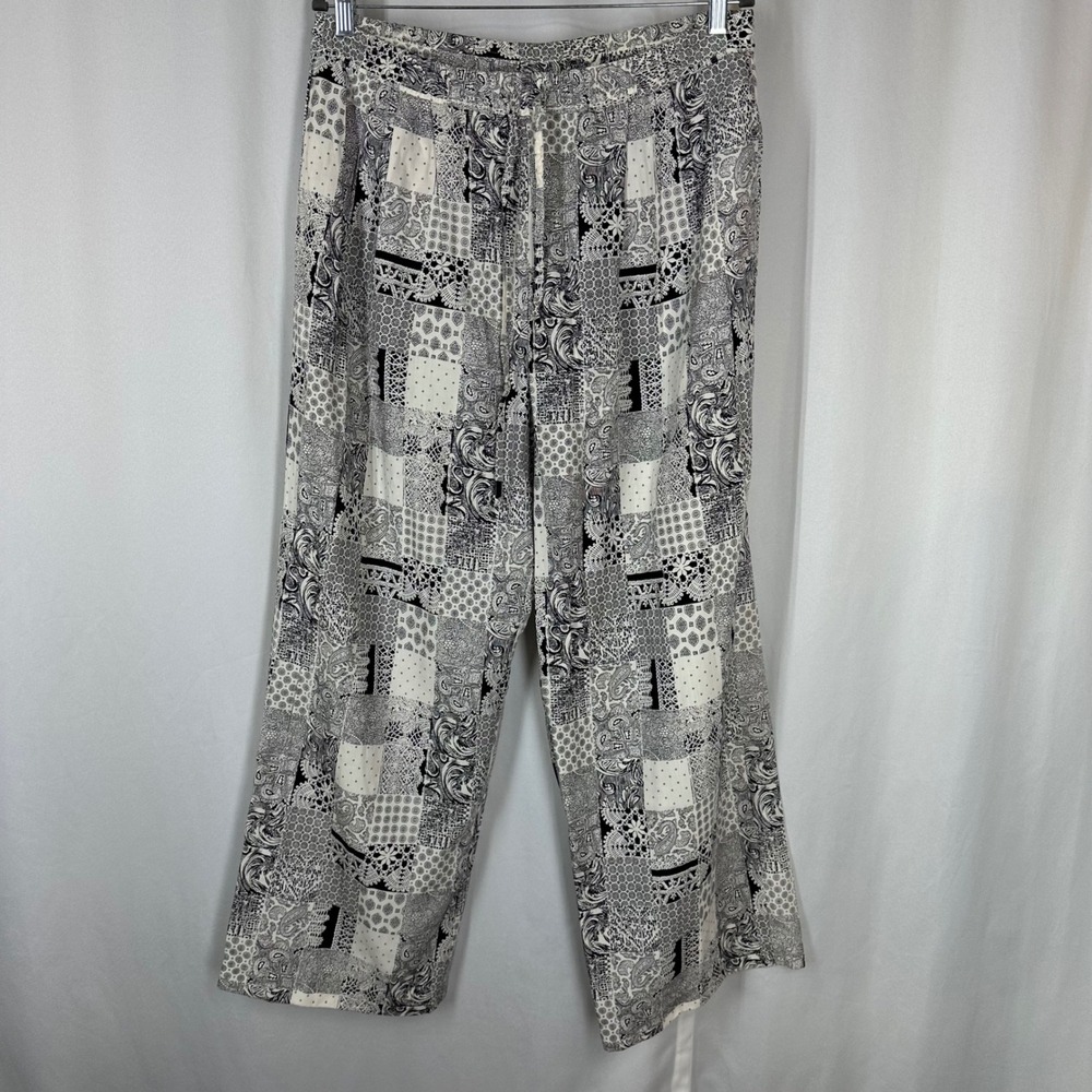 Jones & Co Rayon Patchwork Wide Leg Pants Size L Black White Paisley